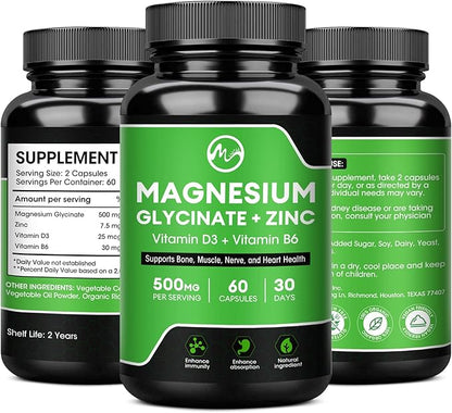 Magnesium Glycinate Capsules, Magnesium Glycinate Supplement with Zinc, Vitamin D3 & B6 - Promotes Nerve, Bowel, Relaxation Function - 60 Vegan Capsules