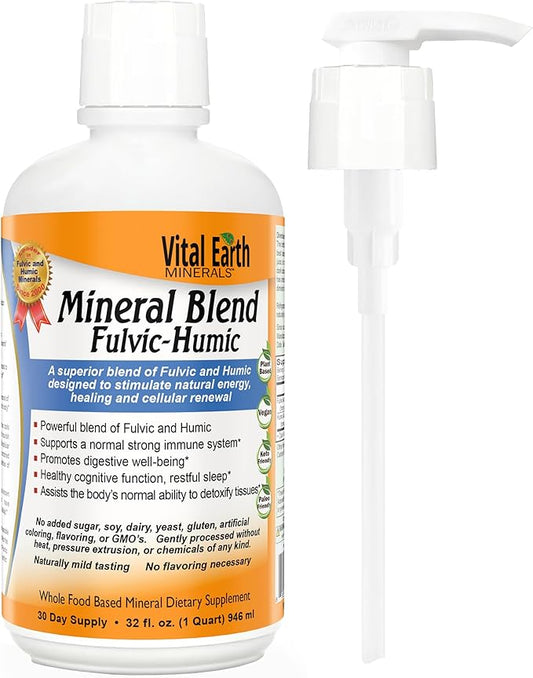 Vital Earth Minerals Fulvic Humic Mineral Blend Liquid with Pump – Fulvic Acid Supplement with 70+ Trace Minerals, Electrolytes for Recovery, Balance & Energy, 32 Oz