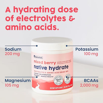 NativePath Native Hydrate, Zero Sugar, Electrolytes Powder with BCAAs, Mixed Berry Hydration, Keto & Paleo Friendly, 30 Servings