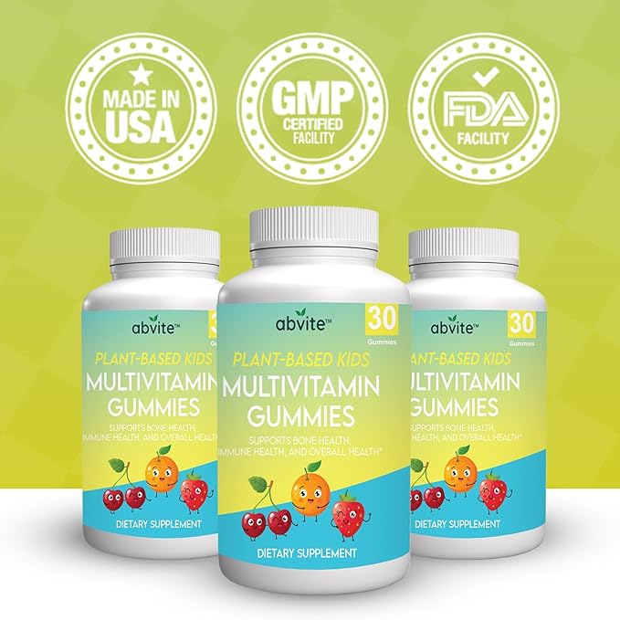Kids Plant-Based Multivitamin Gummies, Daily multivitamins for Children with Vitamins A, C, D, E, B-3, B-6, B-12, Biotin, inositol, Non-GMO, Gluten Free, 30 Count (30 Days Supply)