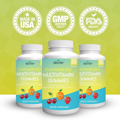 Kids Plant-Based Multivitamin Gummies, Daily multivitamins for Children with Vitamins A, C, D, E, B-3, B-6, B-12, Biotin, inositol, Non-GMO, Gluten Free, 30 Count (30 Days Supply)