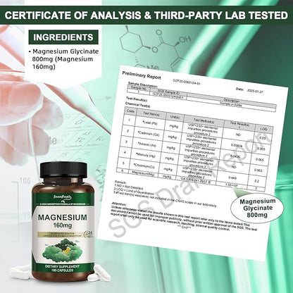 Magnesium Glycinate 800mg Chelated Supplement,160mg Magnesium Per Serving - 99% High Absorption - Supports for Muscle, Joint Health, Heart & Sleep - 180 Veggie Capsules