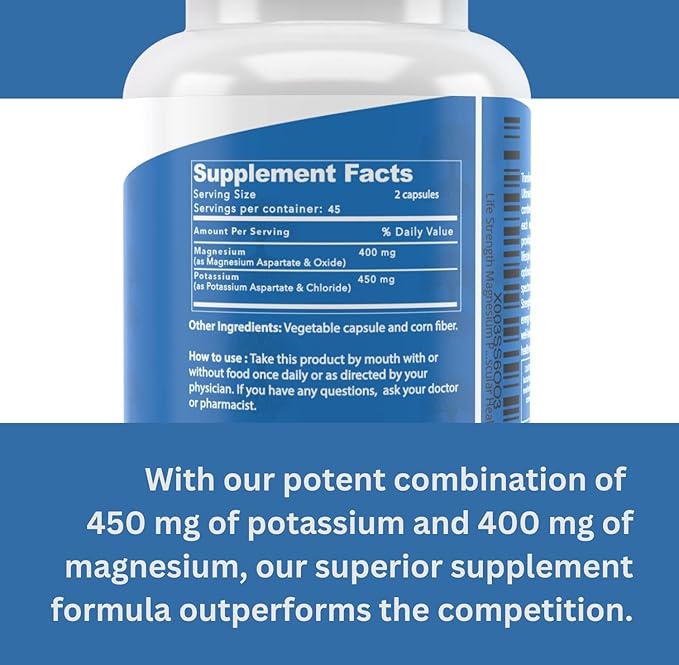 Life Strength Magnesium Potassium Complex Supplement - 90 Capsules - High Absorption Magnesium Support Vascular Health & Leg Cramp