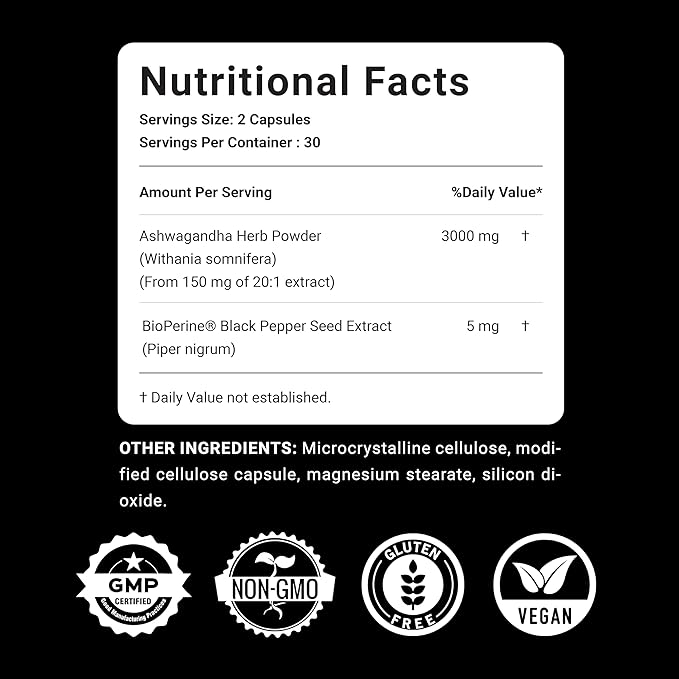 KANTAR Organic Ashwagandha Capsules 3000mg for Extra Strength, Stress & Mood, Focus and Energy Support Supplement Support with BioPerine for Absorption Free of Gluten and SOYA - 60 Capsules