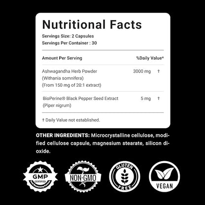 KANTAR Organic Ashwagandha Capsules 3000mg for Extra Strength, Stress & Mood, Focus and Energy Support Supplement Support with BioPerine for Absorption Free of Gluten and SOYA - 60 Capsules