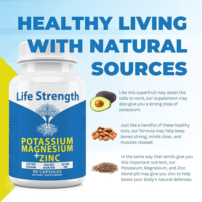Life Strength Magnesium Potassium Supplements + Zinc 90 Capsules for Vascular Health – High Absorption Vegan, Natural ingredients Supplement for Leg Cramps and Sleep