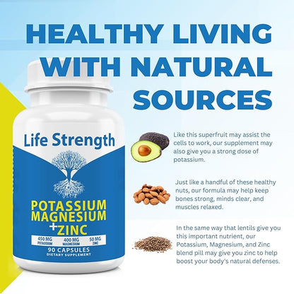 Life Strength Magnesium Potassium Supplements + Zinc 90 Capsules for Vascular Health – High Absorption Vegan, Natural ingredients Supplement for Leg Cramps and Sleep