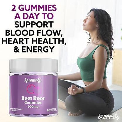 Droppels Beet Root Gummies with Beetroot Powder 500mg, Grape Seed Extract 300mg, Vitamin B12 & Niacin | Vegan, Pectin-Based & Non-GMO Beetroot Supplement, Apple Pomegranate Flavor, 60 Count