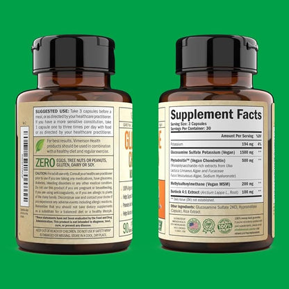 Vegan Glucosamine Chondroitin MSM - 100% Vegan Joint Support Supplement for Women & Men with Burdock and Glucosamine Sulfate 1500 mg. Used for Cartilage and Joint Health and Flexibility - 90 Capsules