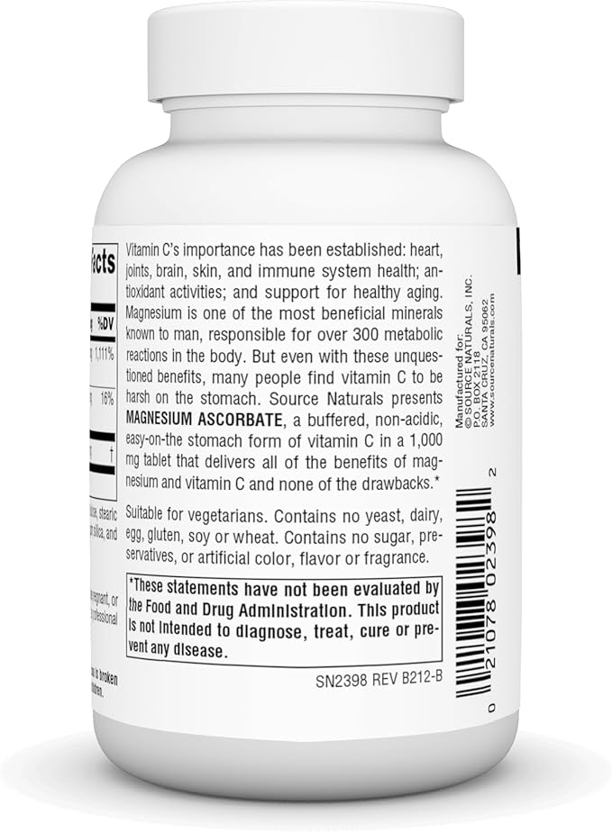 Source Naturals Magnesium Ascorbate, Non-Acidic Vitamin C* -1000 mg, 60 Tablets