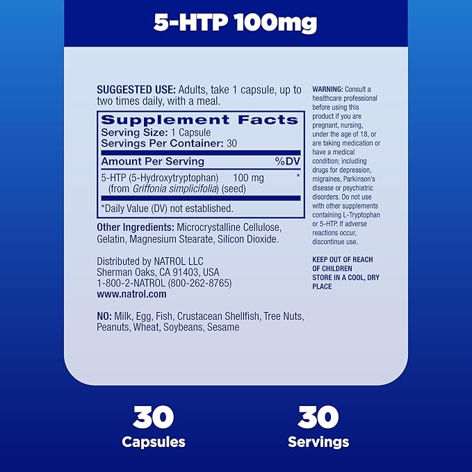 Natrol Mood + Stress 5-HTP 100 mg, Dietary Supplement for a Balanced Mood, Capsules for Adults, 30 Capsules, Up to a 30 Day Supply