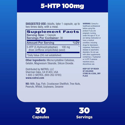 Natrol Mood + Stress 5-HTP 100 mg, Dietary Supplement for a Balanced Mood, Capsules for Adults, 30 Capsules, Up to a 30 Day Supply