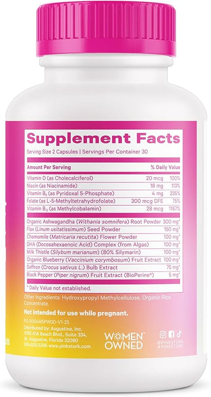 Pink Stork Cortisol Complex - Organic Ashwagandha, Omega 3 DHA, Saffron - Mood Balance, Stress Management, Energy Levels for Women - 60 Count