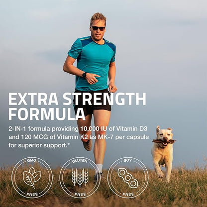 Bronson Vitamin K2 (MK7) with D3 Extra Strength Supplement Bone Health Non-GMO Formula 10,000 IU & 120 mcg MK-7 Easy to Swallow D K, 60 Capsules
