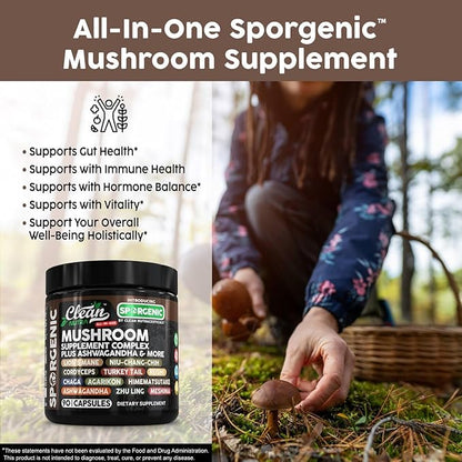 Organic Mushroom Supplement | Ashwagandha Lions Mane Cordyceps Turkey Tail Reishi Mushrooms Maca Root Black Hoof Chaga Tremella Agarikon Shiitake Oyster Powder Capsules Sporgenic by Clean Nutra (1)
