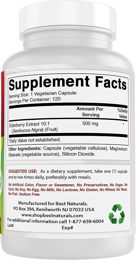 Best Naturals Elderberry Sambucus Nigra Extract 10:1 500 mg 120 Veg Capsules
