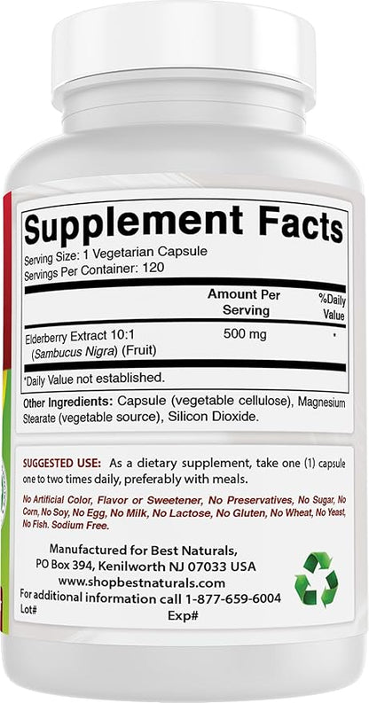 Best Naturals Elderberry Sambucus Nigra Extract 10:1 500 mg 120 Veg Capsules