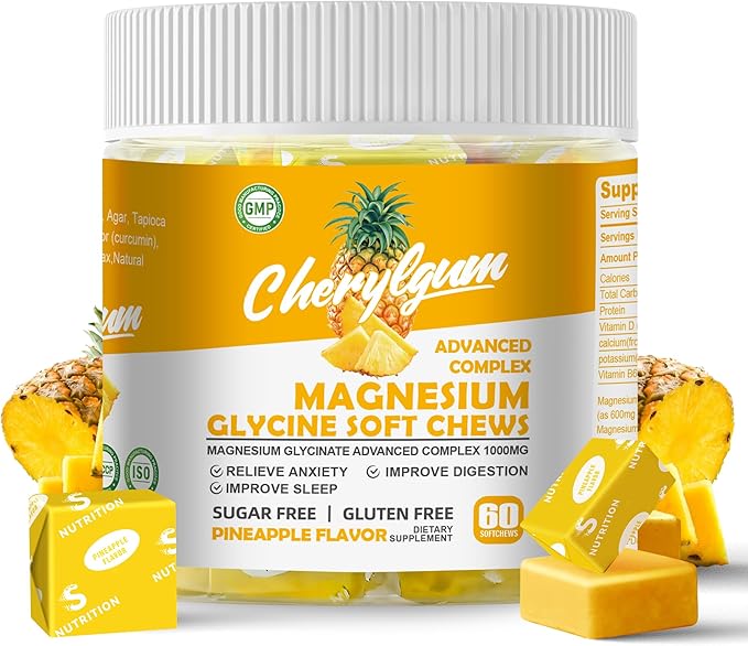 Magnesium Glycinate Soft Chews, Pineapple Flavor.Chewable Sugar Free Potassium Magnesium Chews with Magnesium Glycinate, Vitamin D, B6, and CoQ10 for Calm Support & Sleep for Adults, 60 Days Supply