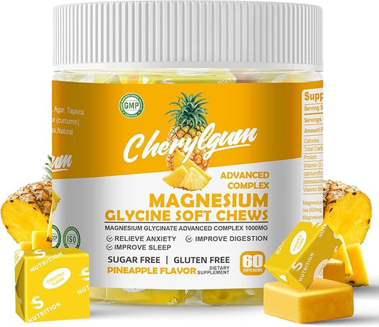 Magnesium Glycinate Soft Chews, Pineapple Flavor.Chewable Sugar Free Potassium Magnesium Chews with Magnesium Glycinate, Vitamin D, B6, and CoQ10 for Calm Support & Sleep for Adults, 60 Days Supply