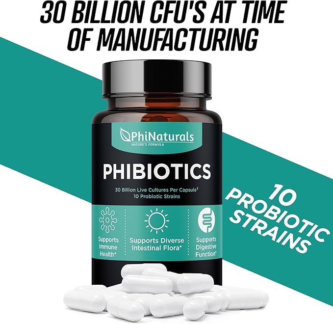 High Potency Probiotics 10 Strains 30 Billion CFUs PhiNaturals – [30 Vegan Capsules] for Women and Men Digestive Gut Health - Lactobacillus Acidophilus Salivarius Rhamnosus Bifidobacterium Probioticos