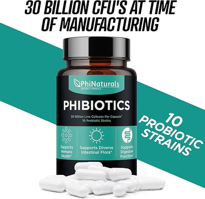 High Potency Probiotics 10 Strains 30 Billion CFUs PhiNaturals – [30 Vegan Capsules] for Women and Men Digestive Gut Health - Lactobacillus Acidophilus Salivarius Rhamnosus Bifidobacterium Probioticos