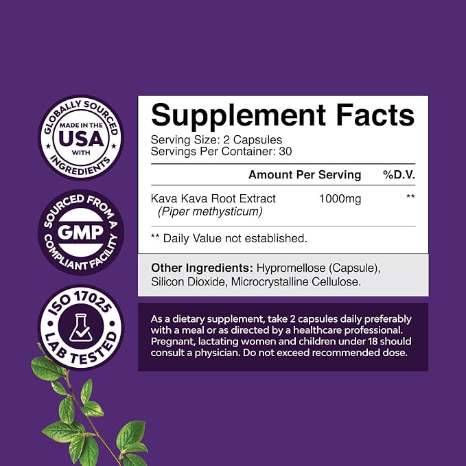Kava Kava Root Extract Supplement 1000mg - Fast Acting Herbal Support with Kavalactones for Balanced Mood - Relax Calming Capsules for Stress Relief & Better Sleep - 30 Servings