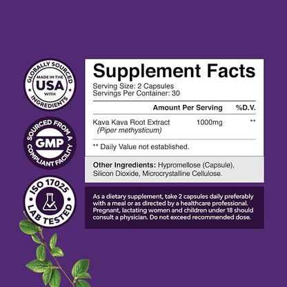 Kava Kava Root Extract Supplement 1000mg - Fast Acting Herbal Support with Kavalactones for Balanced Mood - Relax Calming Capsules for Stress Relief & Better Sleep - 30 Servings
