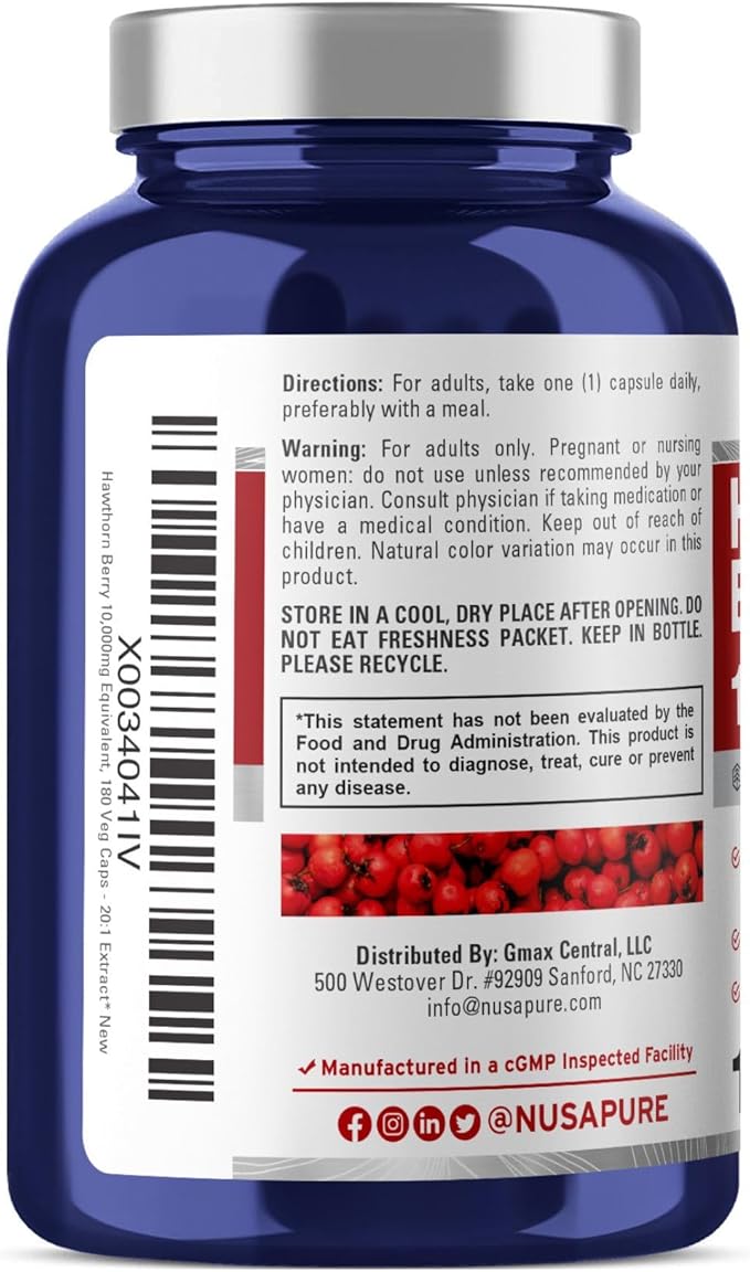 NusaPure Hawthorn Berry 10,000mg per Veggie Caps, 180 Count, Extract 20:1, Vegan, Non-GMO