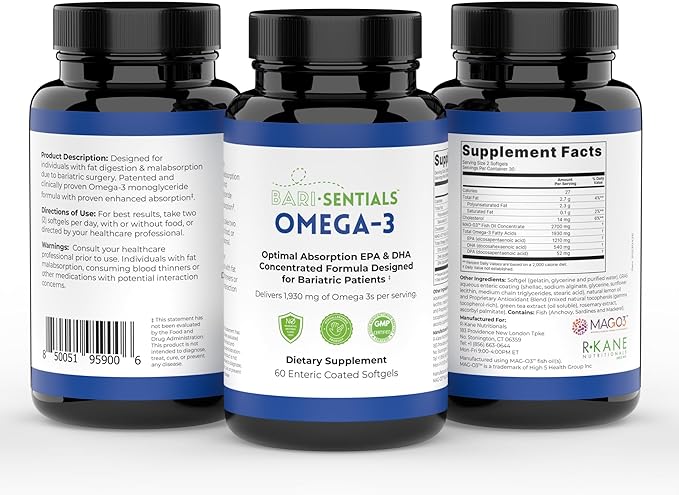 Barisentials Omega-3 Supplement - 1,930mg EPA & DHA Per Serving- Designed for Bariatric Patients- High Absorption MAG-03 Technology - 60 Coated Softgels (1-Month Supply)