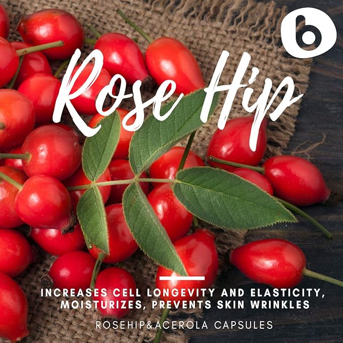 b Organic Rose HIPS Capsules & Acerola Vitamin C 1000mg - Plant Based Vitamin C Supplement Without Ascorbic Acid - Supports Overall Wellness - GMO-Free, Gluten-Free, 90 Vegan Capsules