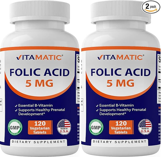 Vitamatic Folic Acid 5mg (5000 mcg) – 120 Vegetarian Tablets per Bottle | Pack of 2 (Total 240 Tablets) Vitamin B9 (Folate) | Supports Heart Health, Brain Function, and Prenatal Wellness