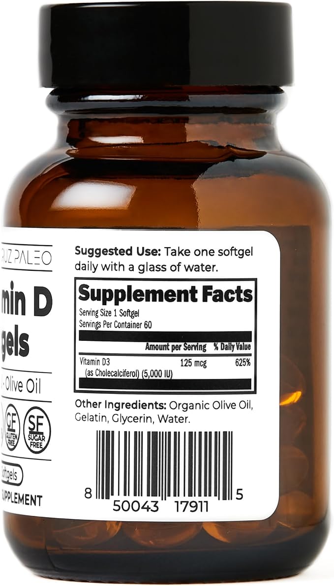 Santa Cruz Paleo Vitamin D Supplement, Bone Health & Immune Support, 5000 i.u. Per Softgel, Gluten Free, Keto, Sugar Free, Paleo, Vitamin D3, Olive Oil for Absorption, Natural Ingredients, 60 Softgels