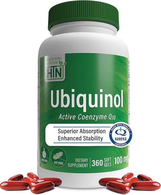 Health Thru Nutrition Ubiquinol 100mg 360 Softgels as Kaneka QH Reduced CoQ-10 | Stabilized - 3rd Party Tested | Enhanced Bioavailability | Cardiovascular & Mitochondria Function Support | Non-GMO