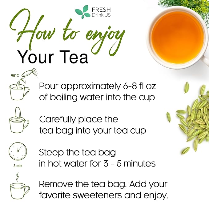 FreshDrinkUS, Premium 55 Fennel Tea Bags, 100% Natural & Pure from Fennel Seeds. Fennel Seed Herbal Tea. Fennel Seed Tea. Made with Natural Material Tea Bags. No Sugar, No Caffeine, No Gluten, Vegan.
