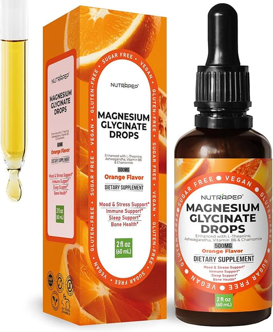 Liquid Magnesium Glycinate Drops Supplement - 500mg Cortisol Complex with L-Theanine Ashwagandha Vitamin B6 Chamomile - Wellness Sleep Stress Mood Support for Adults Men Women