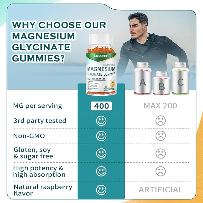 Magnesium Glycinate Gummies 1000mg - Sugar Free Magnesium Potassium Supplement with Vitamin D, B6, CoQ10 for Calm Mood & Sleep Support - 60 Orange Gummies