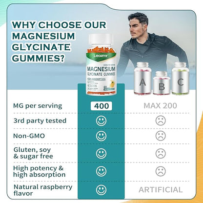 Magnesium Glycinate Gummies 1000mg - Sugar Free Magnesium Potassium Supplement with Vitamin D, B6, CoQ10 for Calm Mood & Sleep Support - 60 Orange Gummies