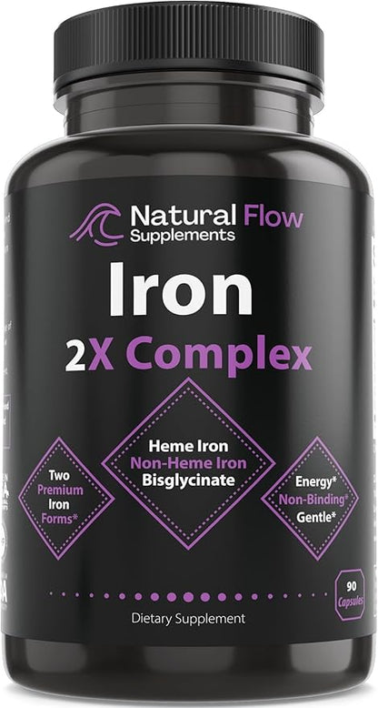 Iron Supplement 2-in-1 Complete Complex - Natural Flow 2X Heme and Chelated Non Heme Iron Bisglycinate, Folate, B and Vitamin C, for Anemia and Blood Building Support, Gentle on Stomach, 90 Caps
