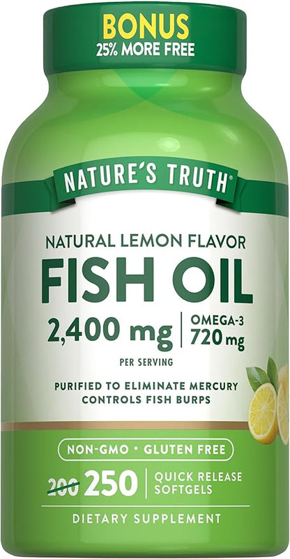 Nature's Truth Burpless Fish Oil 2400mg | 250 Softgels | 720 mg Omega 3 | Natural Lemon Flavor Pills | Non-GMO & Gluten Free Supplement