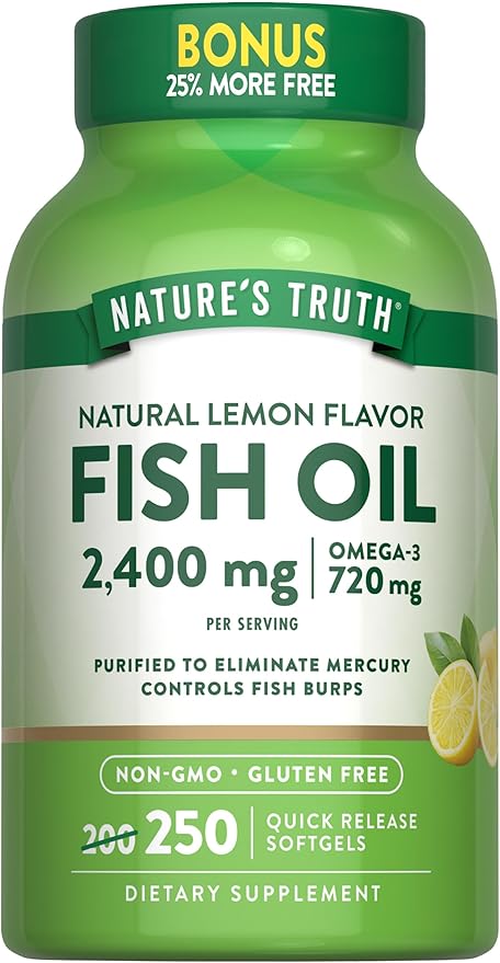 Nature's Truth Burpless Fish Oil 2400mg | 250 Softgels | 720 mg Omega 3 | Natural Lemon Flavor Pills | Non-GMO & Gluten Free Supplement