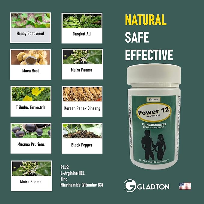 Power 12 Male Supplement for Men | Fast-Acting Booster for Energy, Vitality, Stamina, Endurance & Performance | Horny Goat Weed, Tongkat Ali, Maca, Tribulus Terrestris, Muira Puama, Mucuna Pruriens