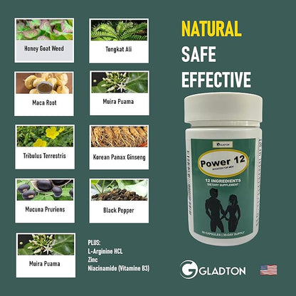 Power 12 Male Supplement for Men | Fast-Acting Booster for Energy, Vitality, Stamina, Endurance & Performance | Horny Goat Weed, Tongkat Ali, Maca, Tribulus Terrestris, Muira Puama, Mucuna Pruriens