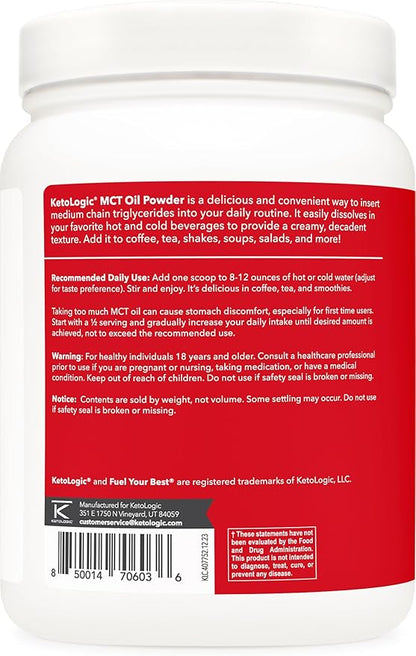 Ketologic MCT Oil Powder (1 LB) (Hazelnut Cream) - 40 Servings, Medium Chain Triglycerides Powder Supplement