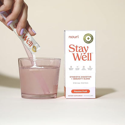 Nouri Daily StayWell Passion Fruit Drink Mix | Probiotics, Prebiotics, Colostrum, L-Glutamine, Vitamins D & B12, Magnesium, Manganese & Zinc for Gut Health, Digestion & Immunity | 14 Stick Packs