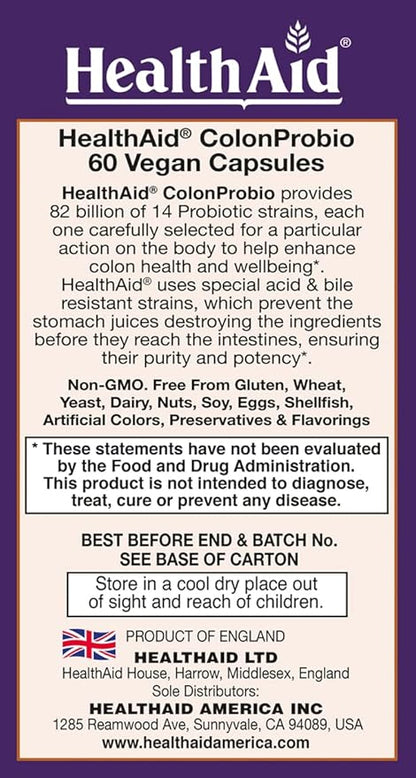 ColonProbio 82 Billion with Prebiotic, 14 Strains, Once Daily, 60ct, Optimum Colon Care, Acid & Bile Resistant, Dairy Free, Gluten Free, Non-GMO, High Bifido