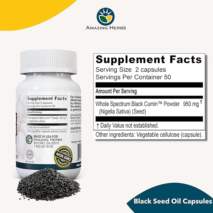 Amazing Herbs Whole Spectrum Black Seed Original Plain, Vegetarian Capsules - Gluten Free, Non GMO, Cold Pressed Nigella Sativa Aids in Digestive Health - 100 Count, 475mg (2-Pack)