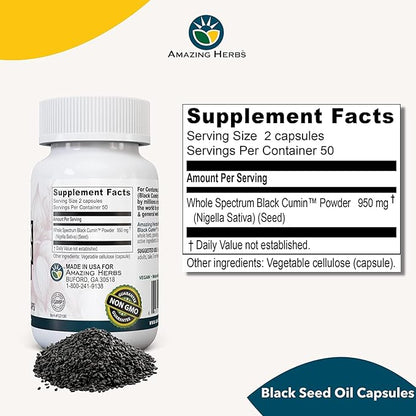 Amazing Herbs Whole Spectrum Black Seed Original Plain, Vegetarian Capsules - Gluten Free, Non GMO, Cold Pressed Nigella Sativa Aids in Digestive Health - 100 Count, 475mg (2-Pack)