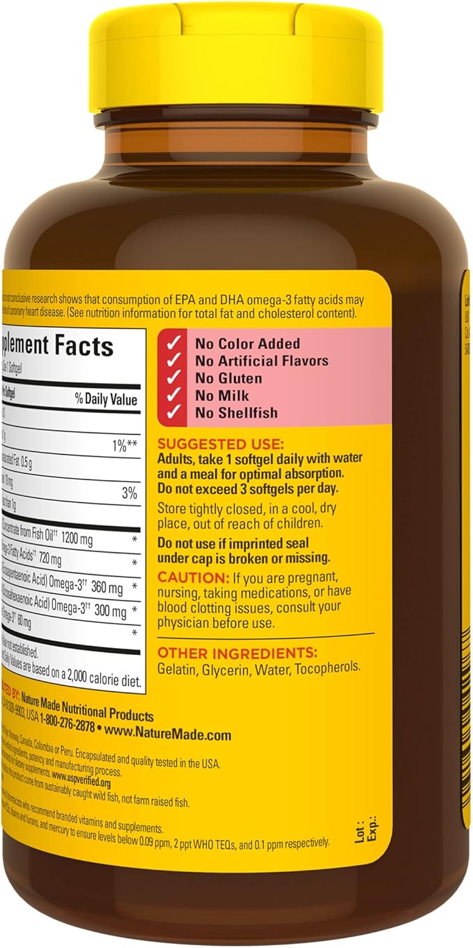 Nature Made Fish Oil Omega 3 Supplements, 1200mg Omega 3 Fish Oil Supplements as Ethyl Esters for Healthy Heart Brain Eyes Support, One Per Day, 100 Softgels (Pack of 2)