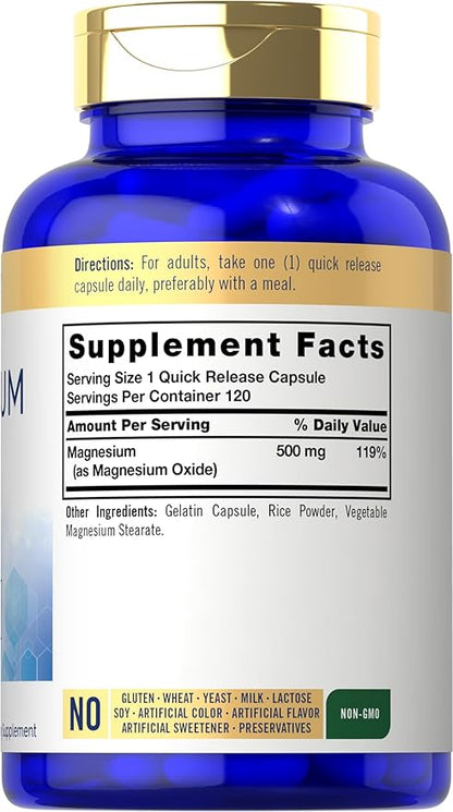 Carlyle Magnesium Oxide 500mg | 120 Capsules | Premium Quality | Non-GMO and Gluten Free Supplement