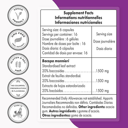 Supersmart - Bacopa Monnieri 1500 mg Per Day - Nootropic Supplement & Brain Boost - Help Improve Learning, Memory & Information Processing | Non-GMO & Gluten Free - 100 Vegetarian Capsules